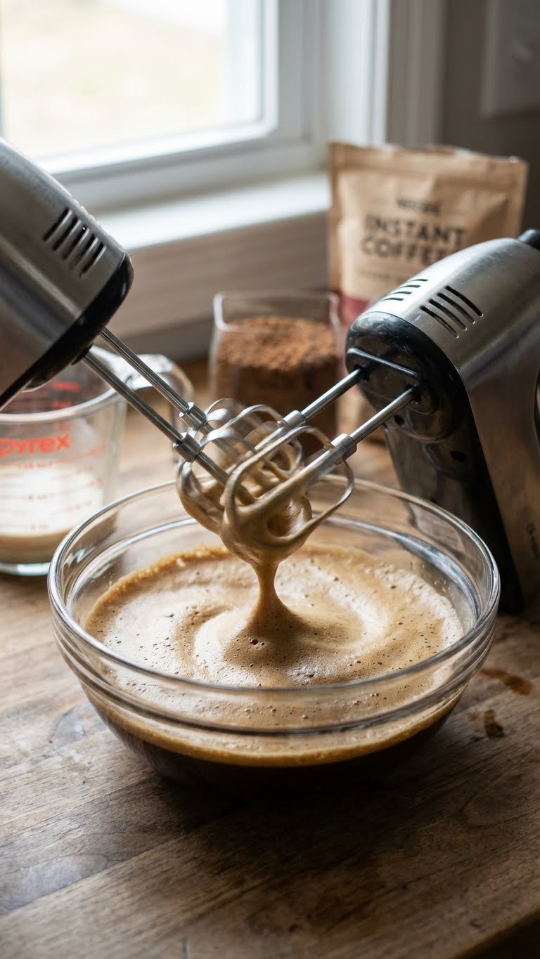 Sugar Free Whipped Coffee Recipe That Works Without Sugar 5 Dynamic action shot of electric mixer beaters whipping dark coffee into light fluffy foam with motion blur effect