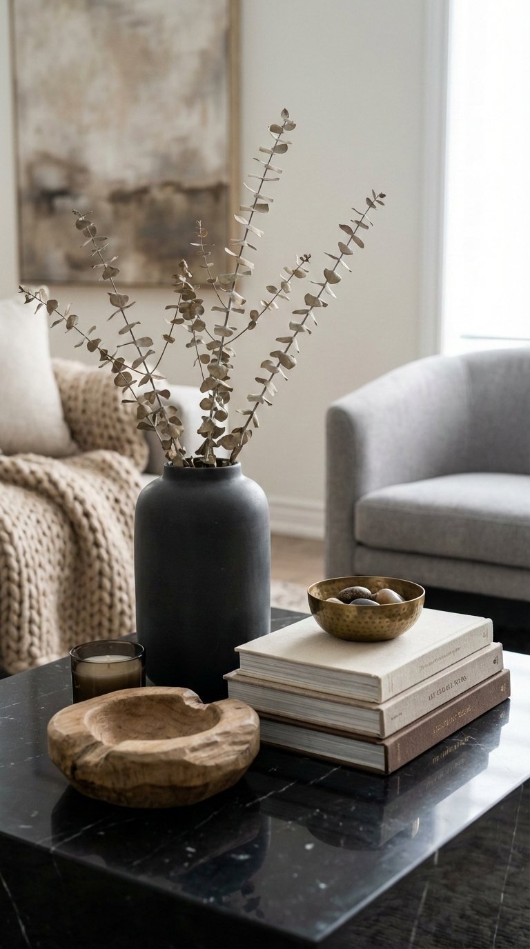 Dynamic arrangement of decor items showcasing varied heights and textures on polished black coffee table