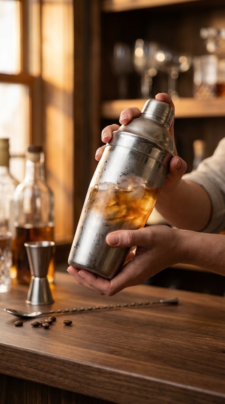 Master Whipped Coffee Espresso Martini: 7 Proven Tips 7 Dynamic close-up of hands shaking cocktail shaker with ice swirling inside on dark wooden bar top