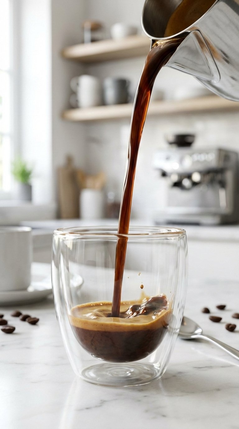 Dynamic espresso stream pouring into clear glass cup capturing liquid movement with polished marble background