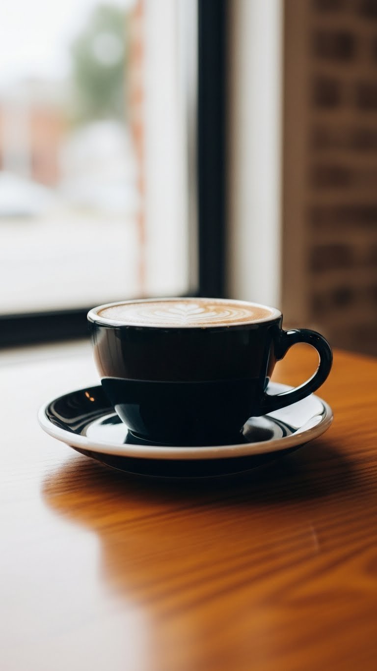 Dynamic low-angle shot of black coffee cup on polished wooden table with creative perspective and soft lighting