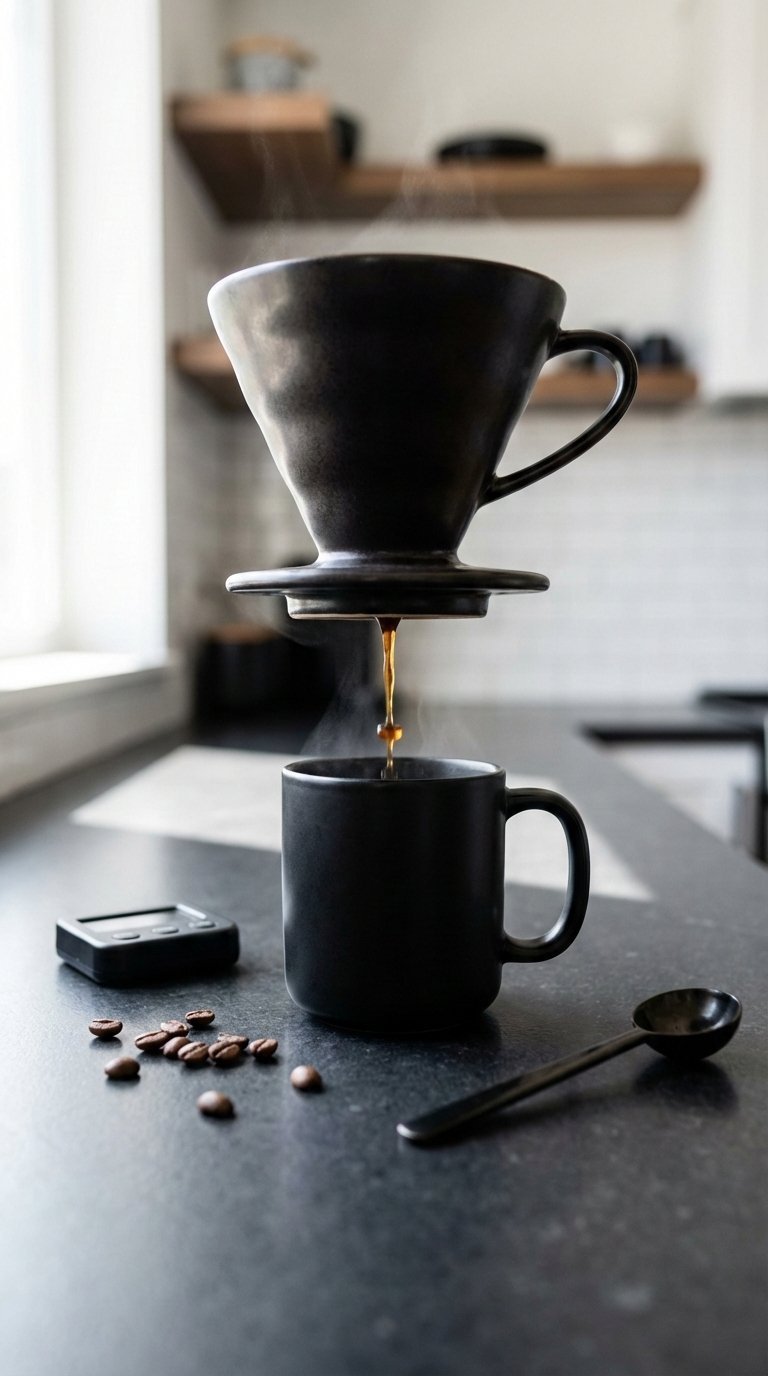 Dynamic pour-over coffee maker dripping dark liquid into minimalist black mug on clean wooden countertop