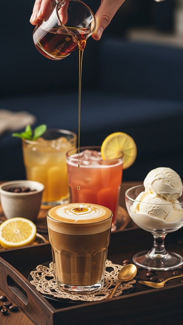 Earl Grey syrup drizzled into steaming latte, cocktail, and vanilla ice cream on dark wooden serving tray