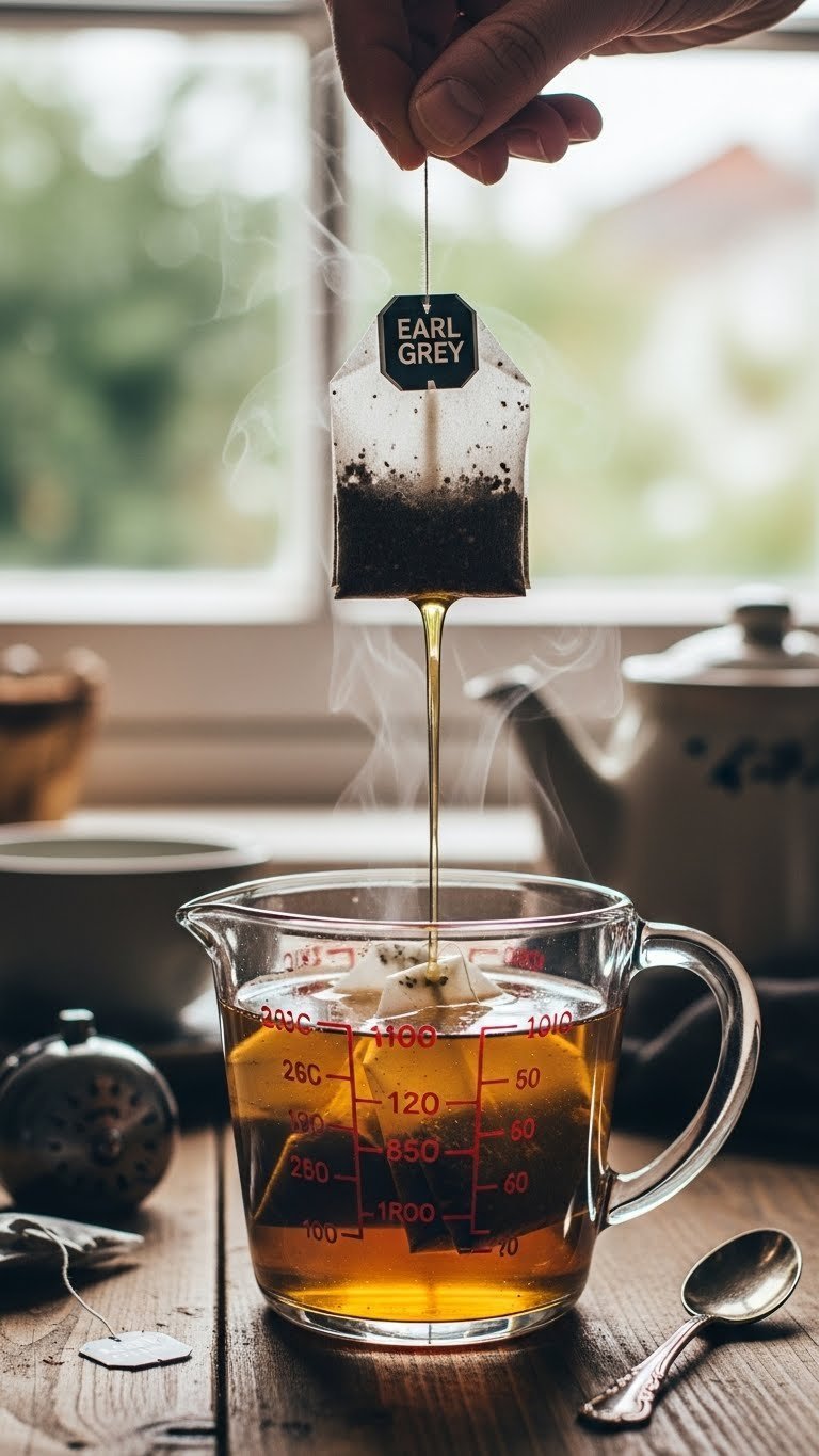 Earl Grey tea bags steeping in golden amber simple syrup with steam rising from glass measuring cup on rustic table