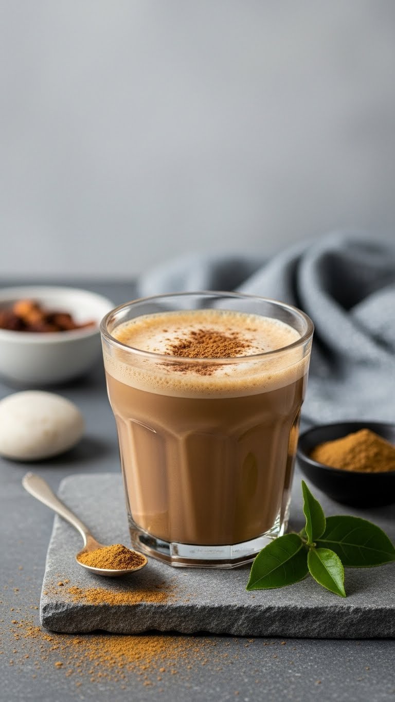 Vegan Protein Coffee: 7 Easy Recipes for a Smooth Start 13 Earthy adaptogen-enhanced vegan protein coffee with frothy top, subtle spice, and adaptogen powders on stone surface.