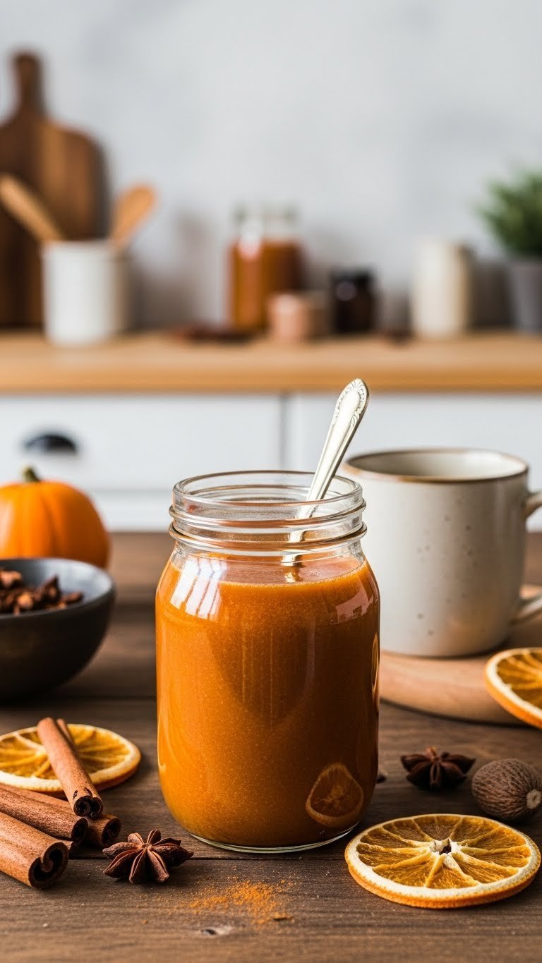 Earthy orange pumpkin spice coffee syrup in rustic glass jar surrounded by autumn spices and cinnamon sticks