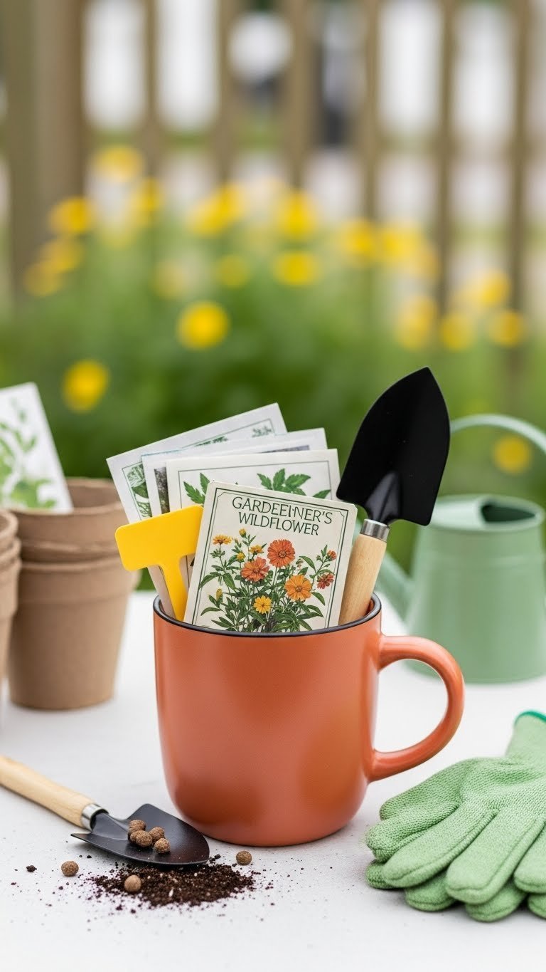 Earthy terracotta gardening mug with seed packets, miniature trowel, plant marker, and glove