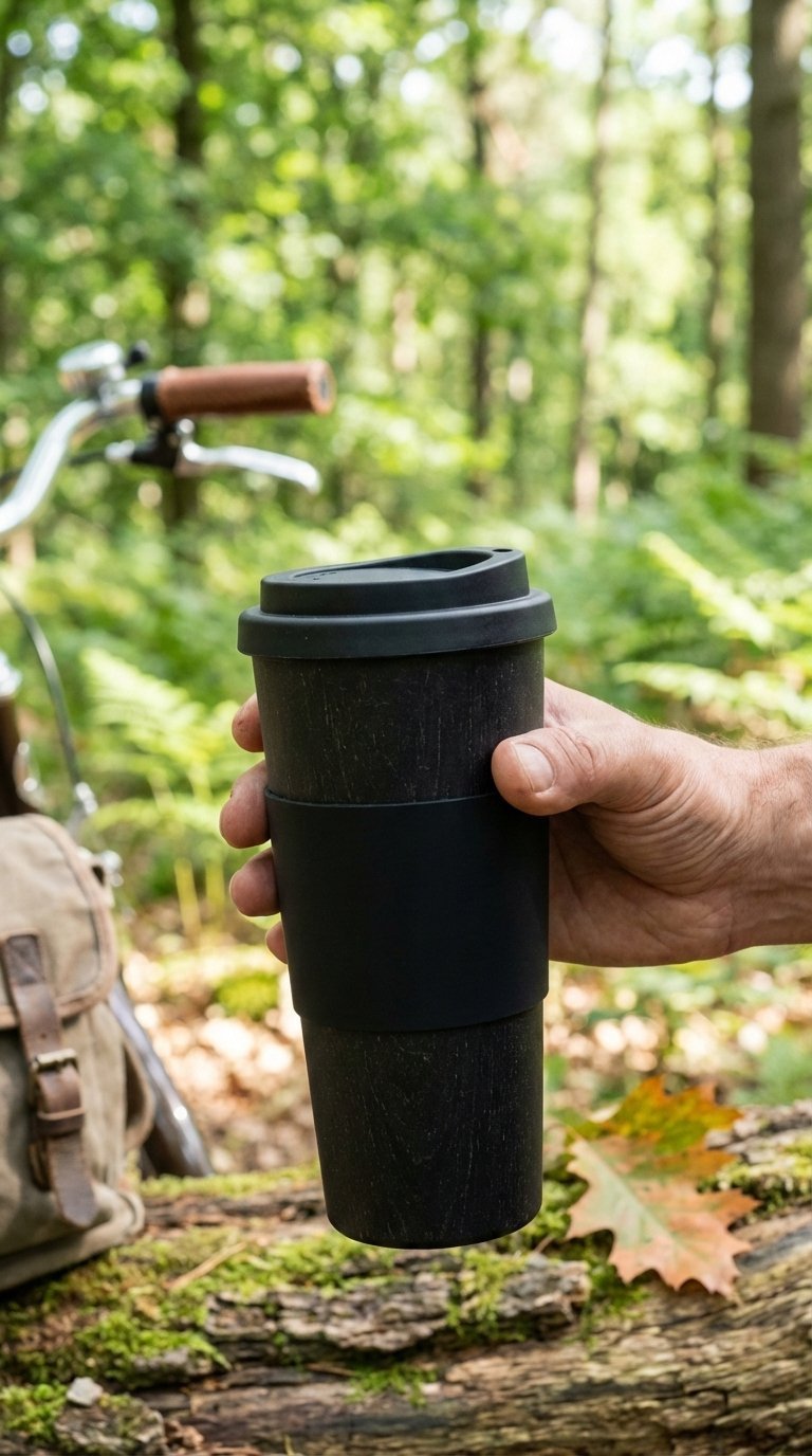 Eco-friendly reusable black coffee cup held outdoors in natural park setting with greenery