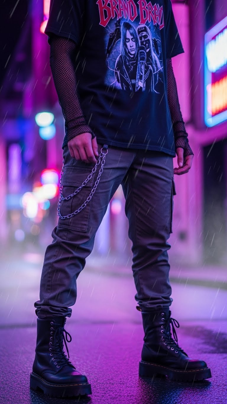 Edgy urban rave outfit featuring cargo pants with chains, graphic band tee, and combat boots against neon city backdrop