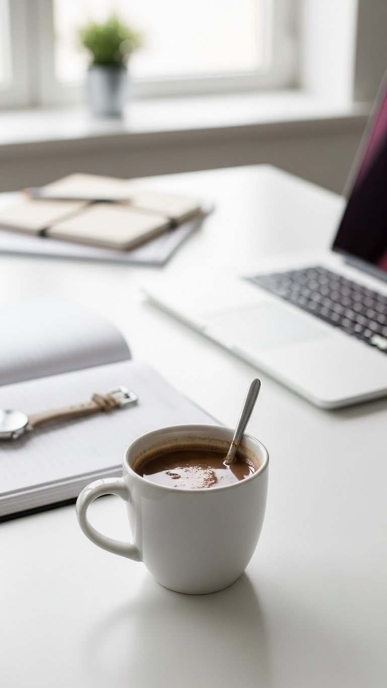 Protein Coffee Mocha: 5 Delicious Recipes for Busy Mornings 9 Efficient instant protein coffee mocha in a minimalist mug, perfect for a busy workspace with a blurred laptop and planner.