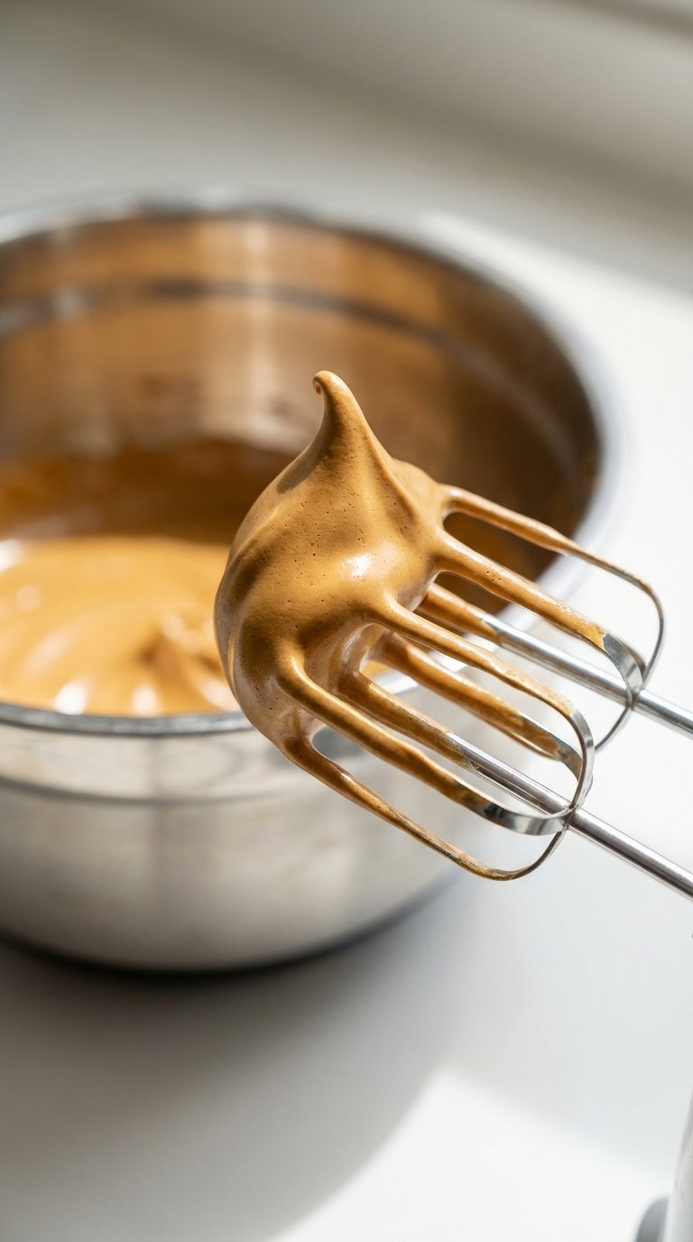 Electric hand mixer beaters lifting stiff peaks of light-brown whipped coffee foam in a stainless steel bowl