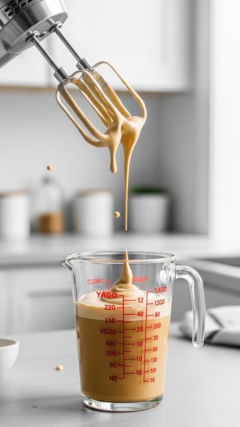 Whipped Coffee With Nespresso Easy Creamy Recipe For Beginners 5 Electric hand mixer lifts from glass, showing thick, creamy light-brown coffee foam dripping, crucial for whipped coffee.