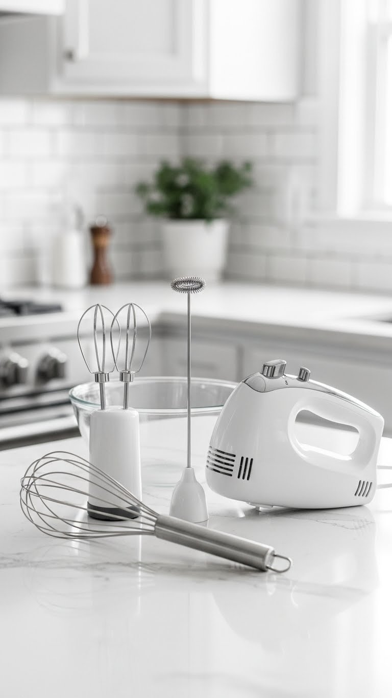 Keto Whipped Coffee Recipe: Perfect Fluffy Dalgona 5 Electric hand mixer, milk frother wand, and metal whisk on white quartz countertop for making keto whipped coffee