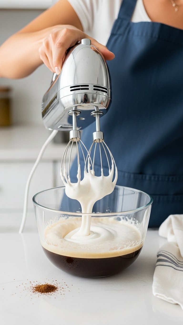 Electric hand mixer whipping Dalgona coffee mixture into light fluffy foam in clear glass bowl during preparation process