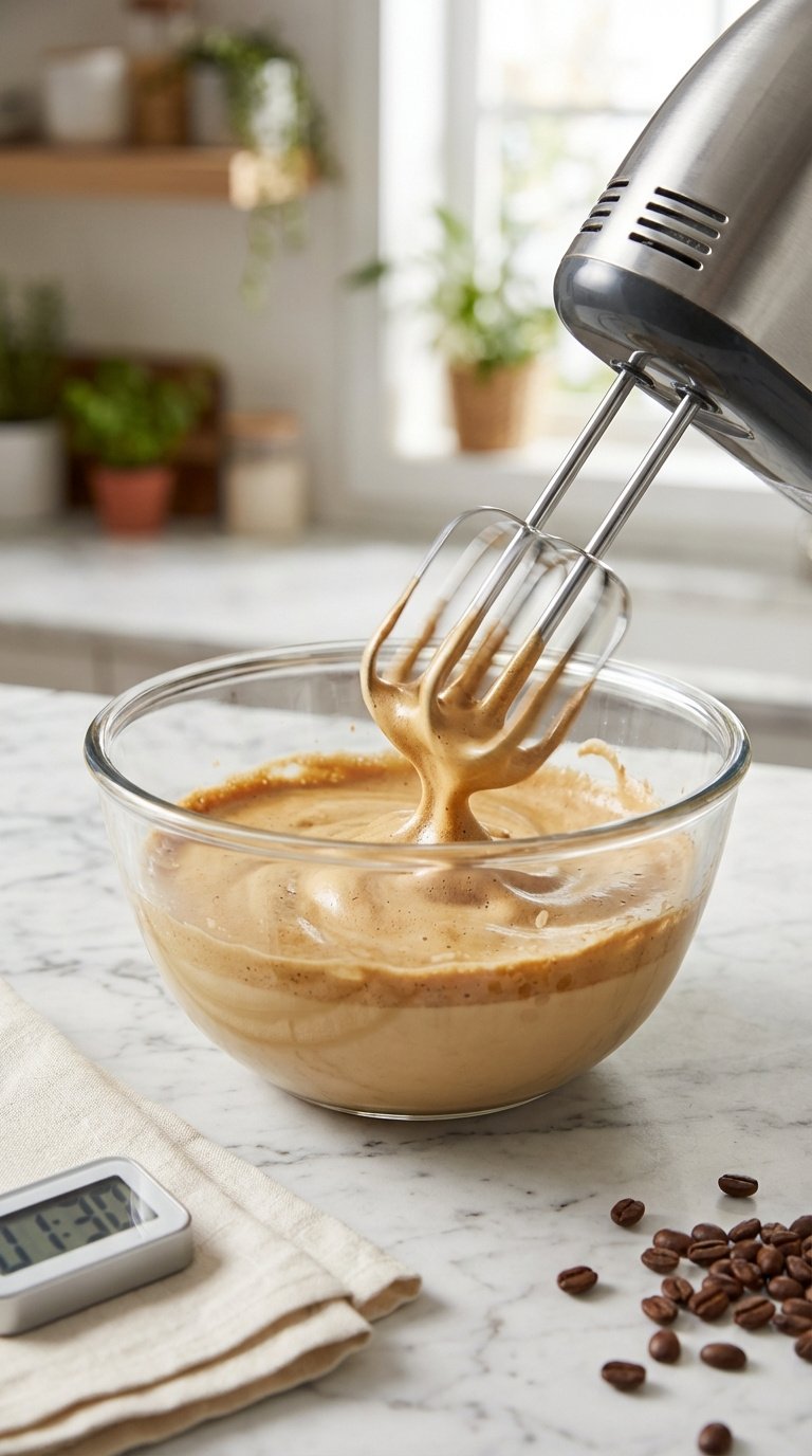 Master Whipped Coffee Espresso Martini: 7 Proven Tips 5 Electric hand mixer whisking instant coffee mixture into frothy foam in clear glass bowl on marble surface