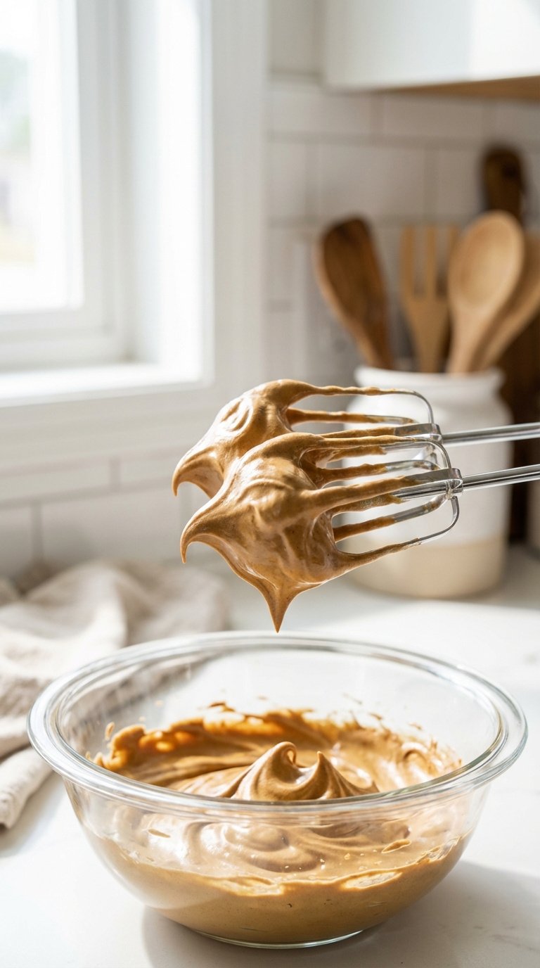 Whipped Coffee Sugar Scrub Recipe for Fluffy Luxurious Skin 11 Electric mixer beaters covered in fluffy whipped coffee scrub held over glass mixing bowl in bright kitchen.