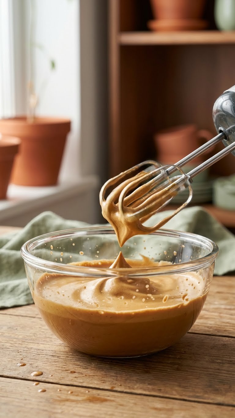 Whipped Coffee With Espresso Easy Creamy Recipe Guide 7 Electric mixer beaters whipping espresso sugar mixture into thick caramel foam in glass bowl on wooden table