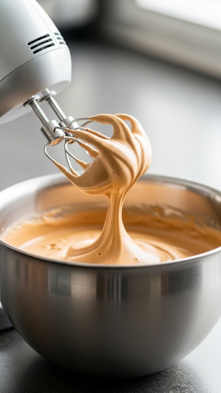 Whipped Coffee Large Batch Recipe for Freezing All Week 3 Electric mixer beating thick, glossy Dalgona whipped coffee foam with fluffy peaks in a stainless steel bowl on a kitchen counter.