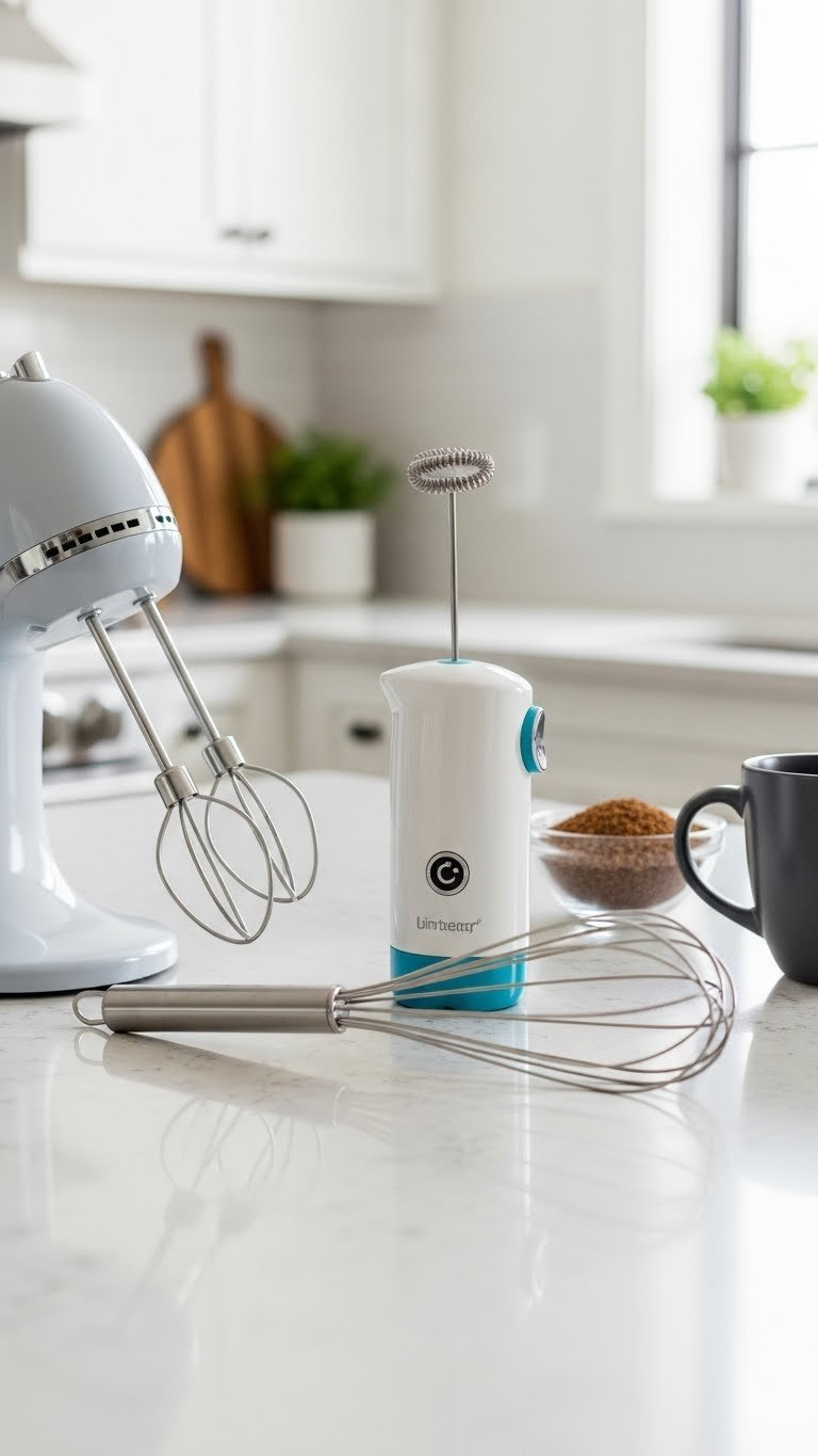 Homemade Lavender Whipped Coffee: 7 Easy Tips for Perfect Cream 5 Electric mixer, handheld milk frother, and balloon whisk arranged on a quartz countertop for whipping coffee foam.