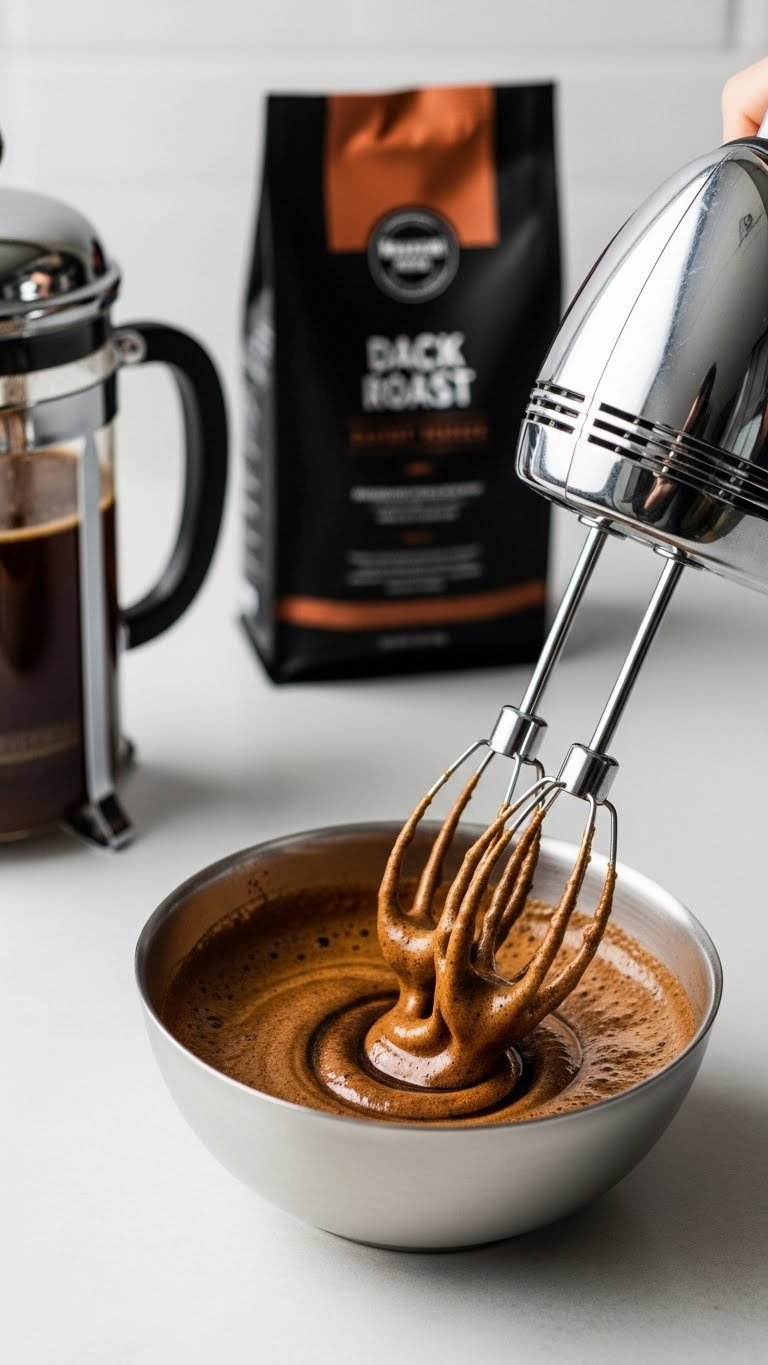 Vietnamese Whipped Coffee Easy Authentic Recipe Guide 9 Electric mixer whips dark coffee concentrate into frothy foam for homemade whipped coffee, with French press visible.