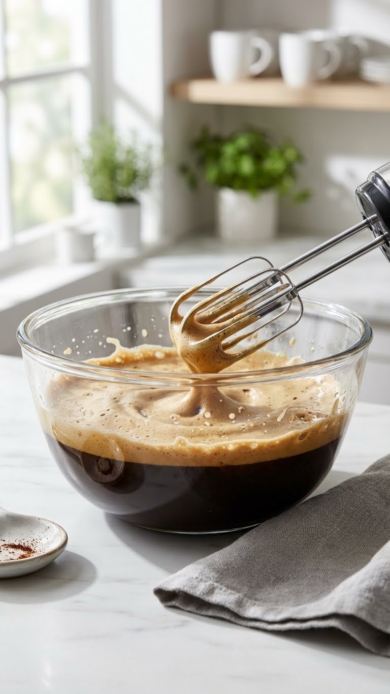 Ground Coffee Whipped: 9 Essential Tips for Dalgona Foam 11 Electric mixer whips dark coffee mixture in glass bowl, transforming it into light frothy foam on a marble counter.