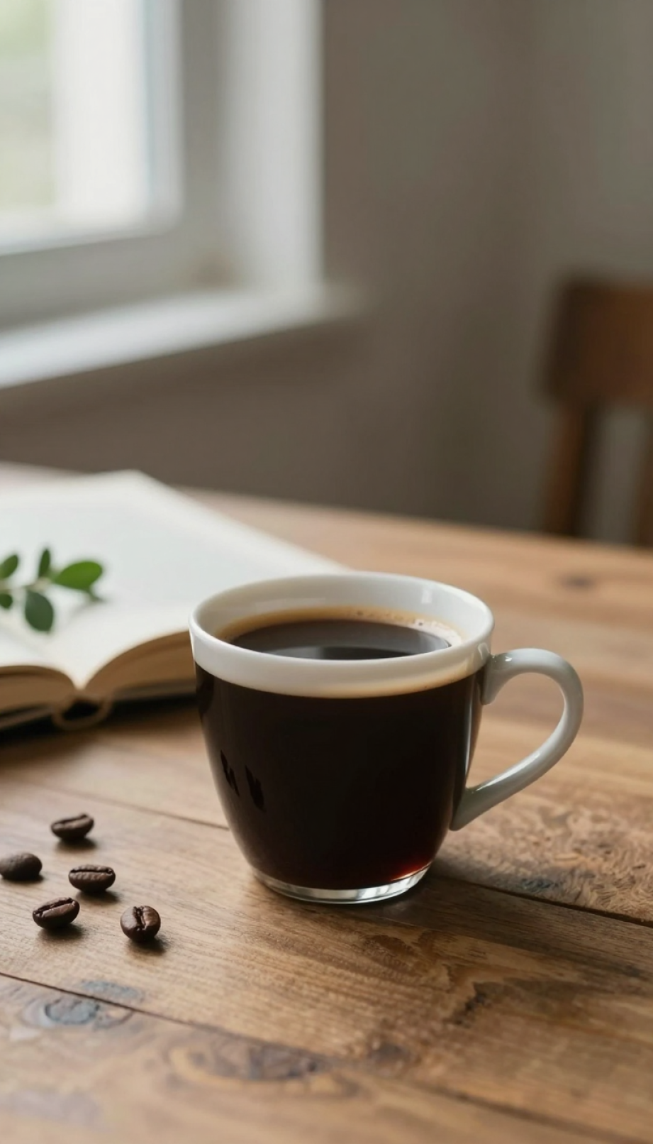 Elegant black coffee cup styled with natural props like book and greenery on rustic wooden table