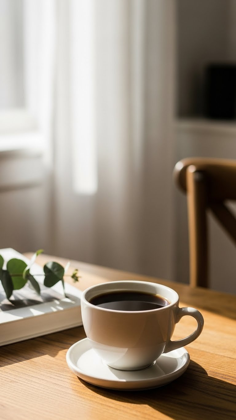 Elegant black coffee cup with soft natural lighting on rustic wooden table featuring eucalyptus sprig and half-read book