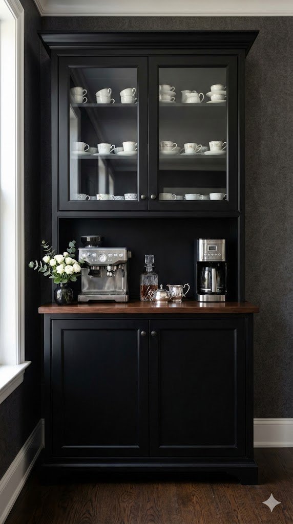 Elegant black dining room hutch transformed into sophisticated coffee station with glass cabinets