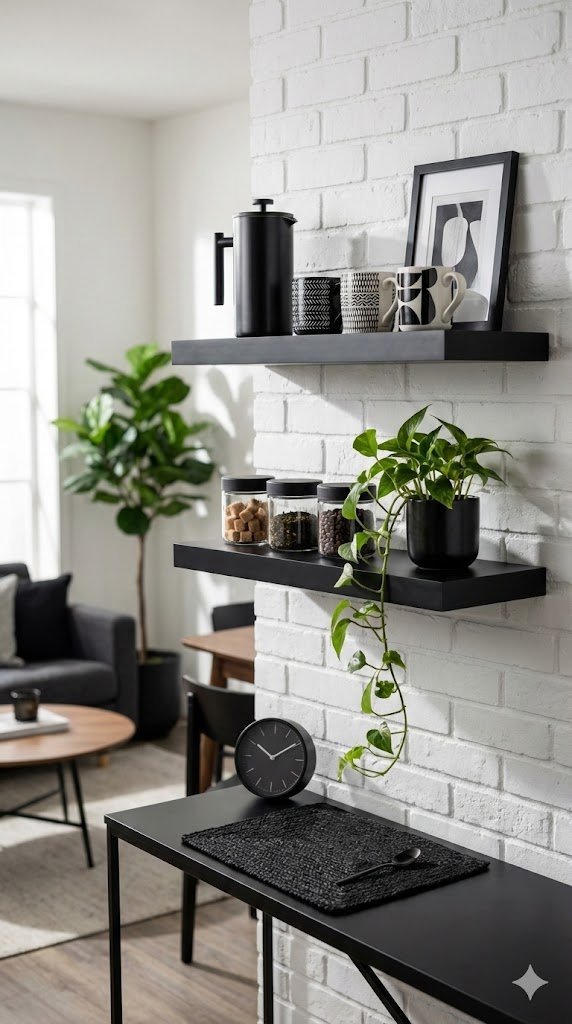 Elegant black floating shelf coffee corner with French press, art mugs, and glass jars above minimalist console table