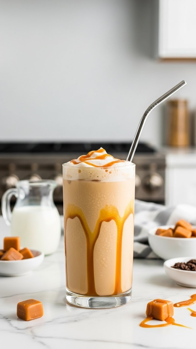 Elegant caramel swirl protein iced coffee with golden caramel sauce decoration on white marble countertop