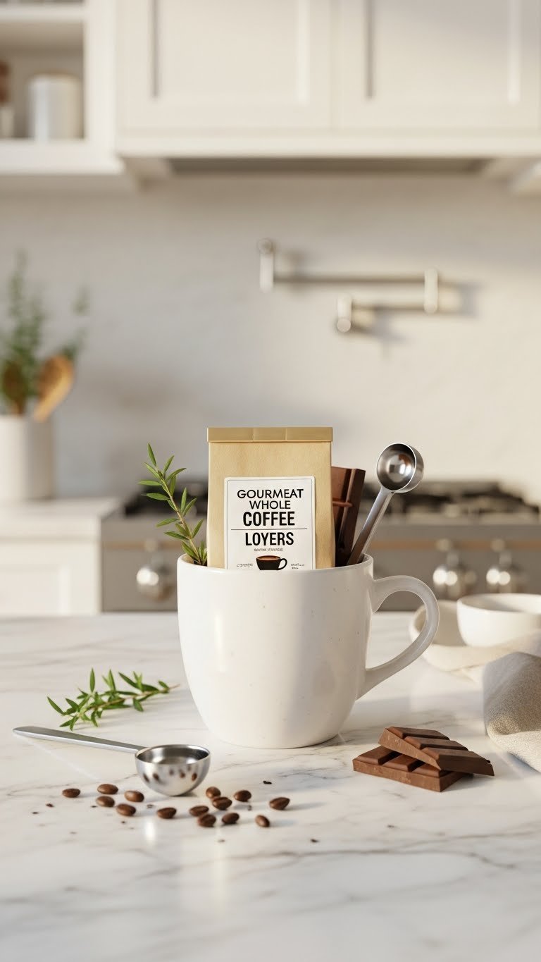 Elegant ceramic coffee mug filled with artisanal whole beans, mini scoop, and dark chocolate arranged on marble countertop