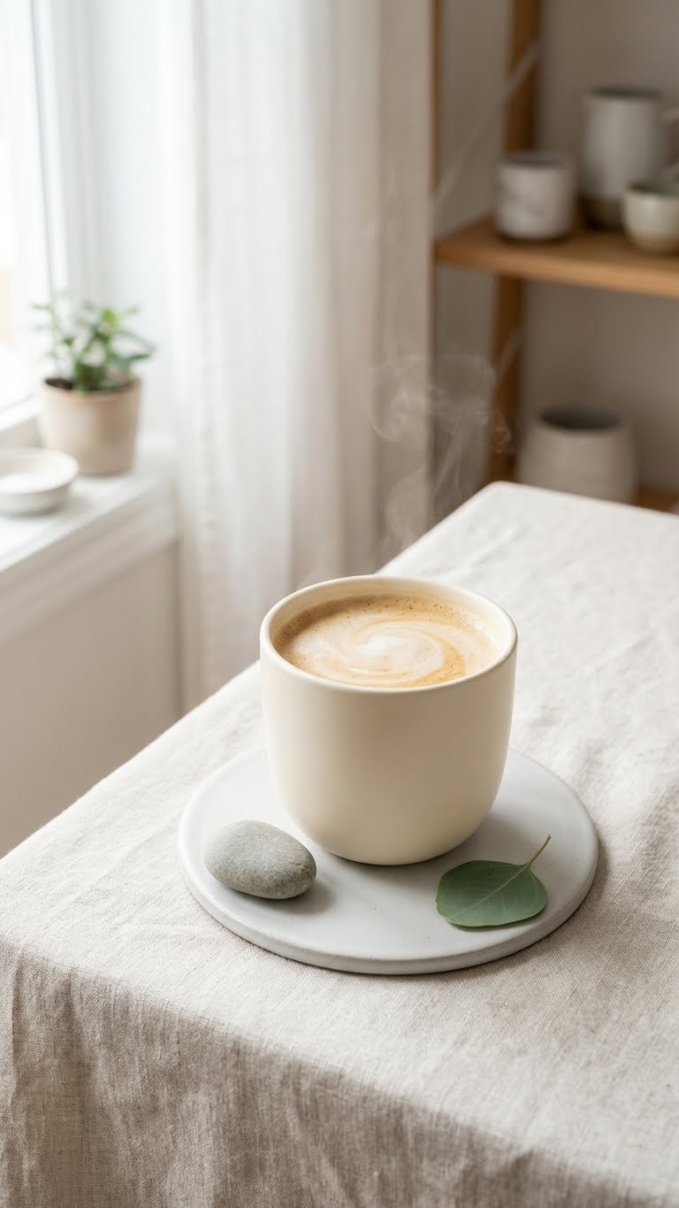 Protein Coffee Creamer: Essential Guide to Healthy & Delicious Coffee 11 Elegant ceramic mug with smooth collagen protein coffee and a milky swirl, subtly steaming on a linen tablecloth.
