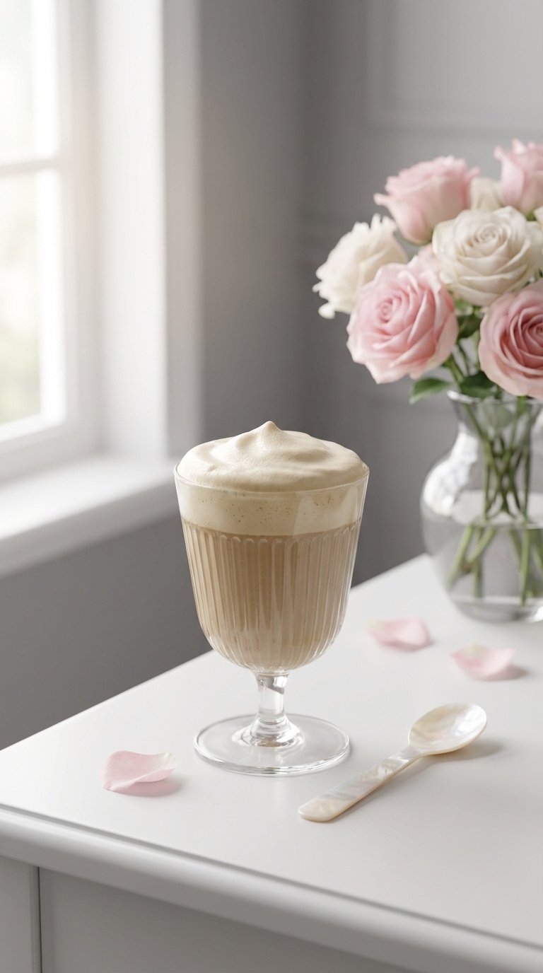 Whipped Coffee Protein Shake Easy High Protein Recipe Guide 11 Elegant collagen-boosted whipped coffee protein shake in fluted glass with mother-of-pearl spoon and rose petals on vanity