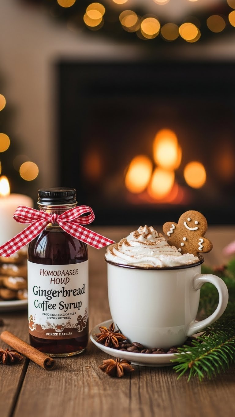 Elegant gingerbread coffee syrup bottle with festive ribbon next to coffee mug topped with whipped cream and cookie