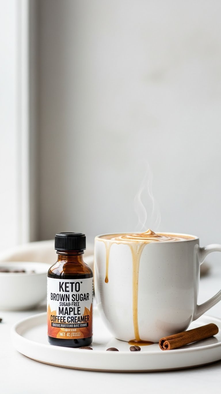 Elegant glass bottle of sugar-free maple extract next to steaming coffee mug with creamer swirl