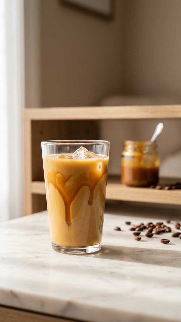 Cold Brew Protein Coffee: 7 Delicious Recipes for Energy 7 Elegant golden-brown vegan caramel protein cold brew coffee with a luscious caramel swirl and ice on a marble countertop.