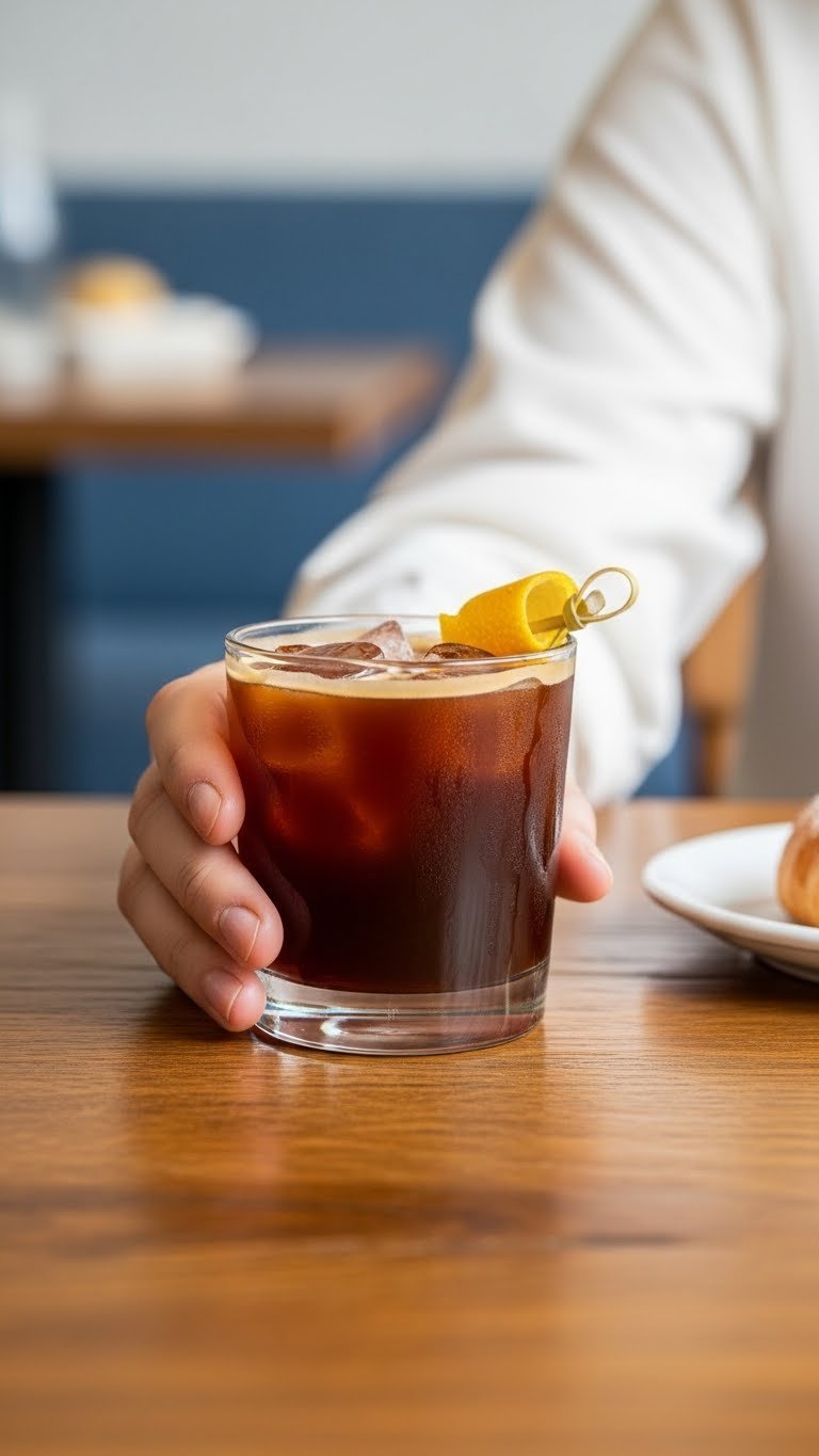 Elegant hand holding glass of flash brew iced coffee with garnish and condensation on rustic wooden table