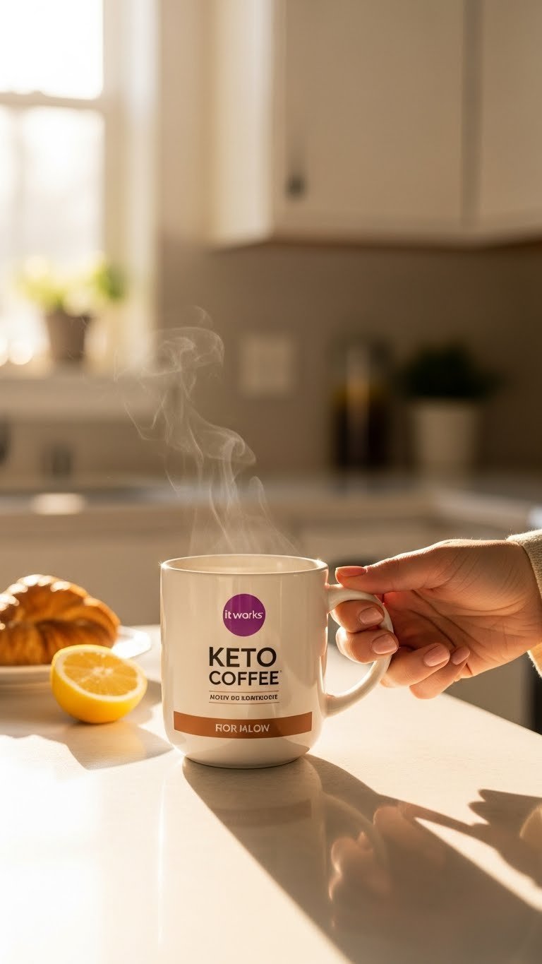 Elegant hand holding steaming keto coffee mug in sunlit morning kitchen ritual