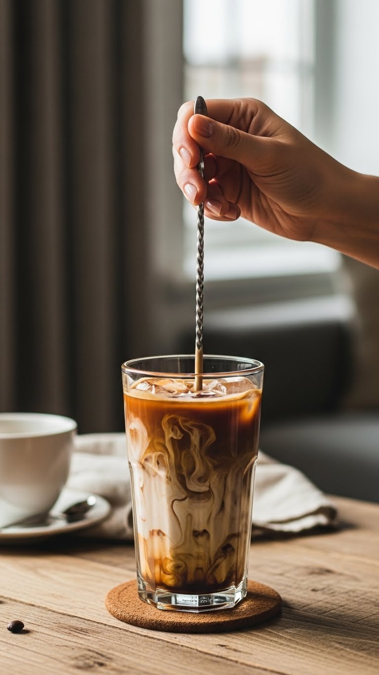 Elegant hand stirring homemade iced coffee in tall glass with swirling coffee and milk blending together.