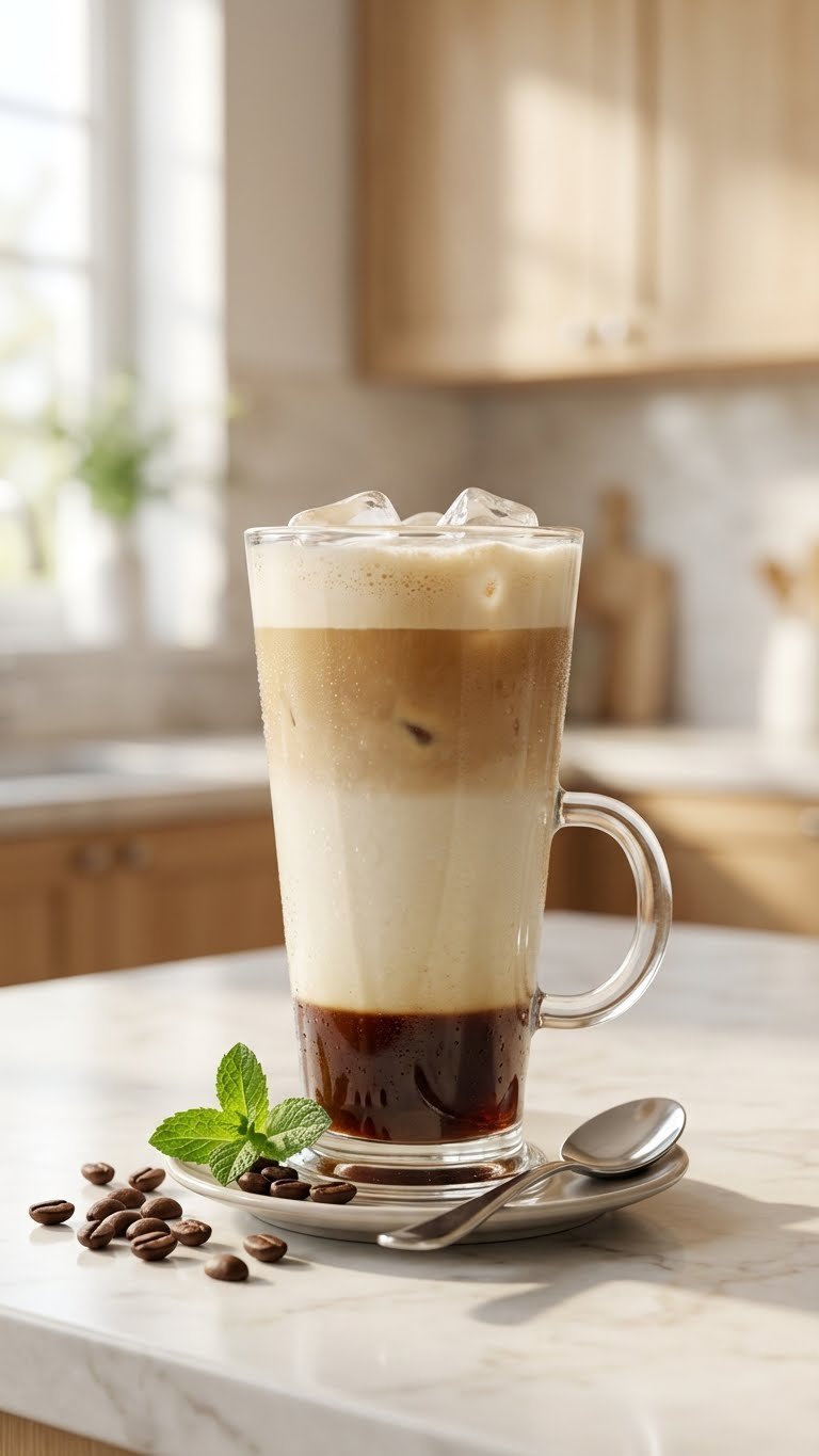 Sugar Free Protein Coffee: Ultimate Guide to Recipes & Brands 1 Elegant iced sugar-free vanilla protein coffee with creamy layers and foam in a glass on a marble counter.