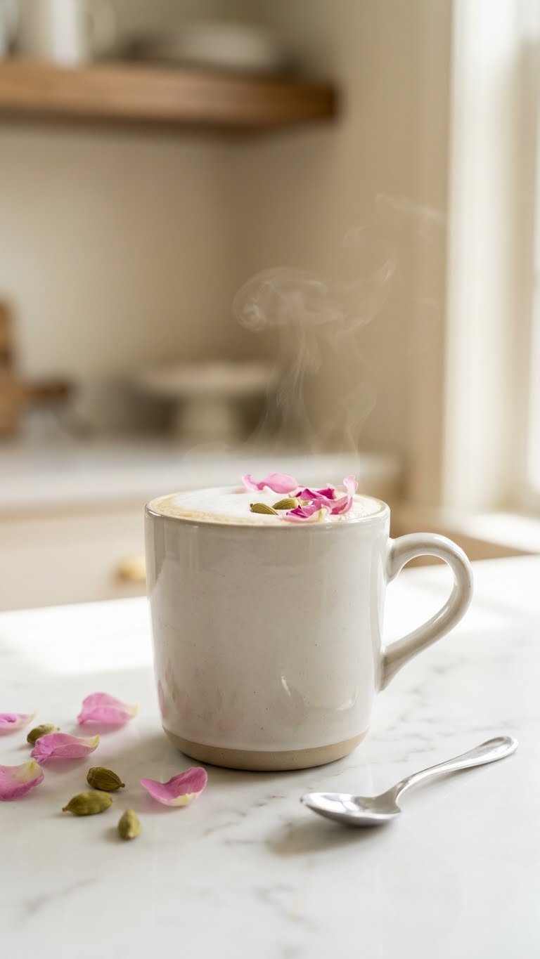 Complete High Protein Coffee Recipes For Busy Mornings 17 Elegant instant cardamom rose protein coffee in a mug with rose petals and cardamom pods on white marble.