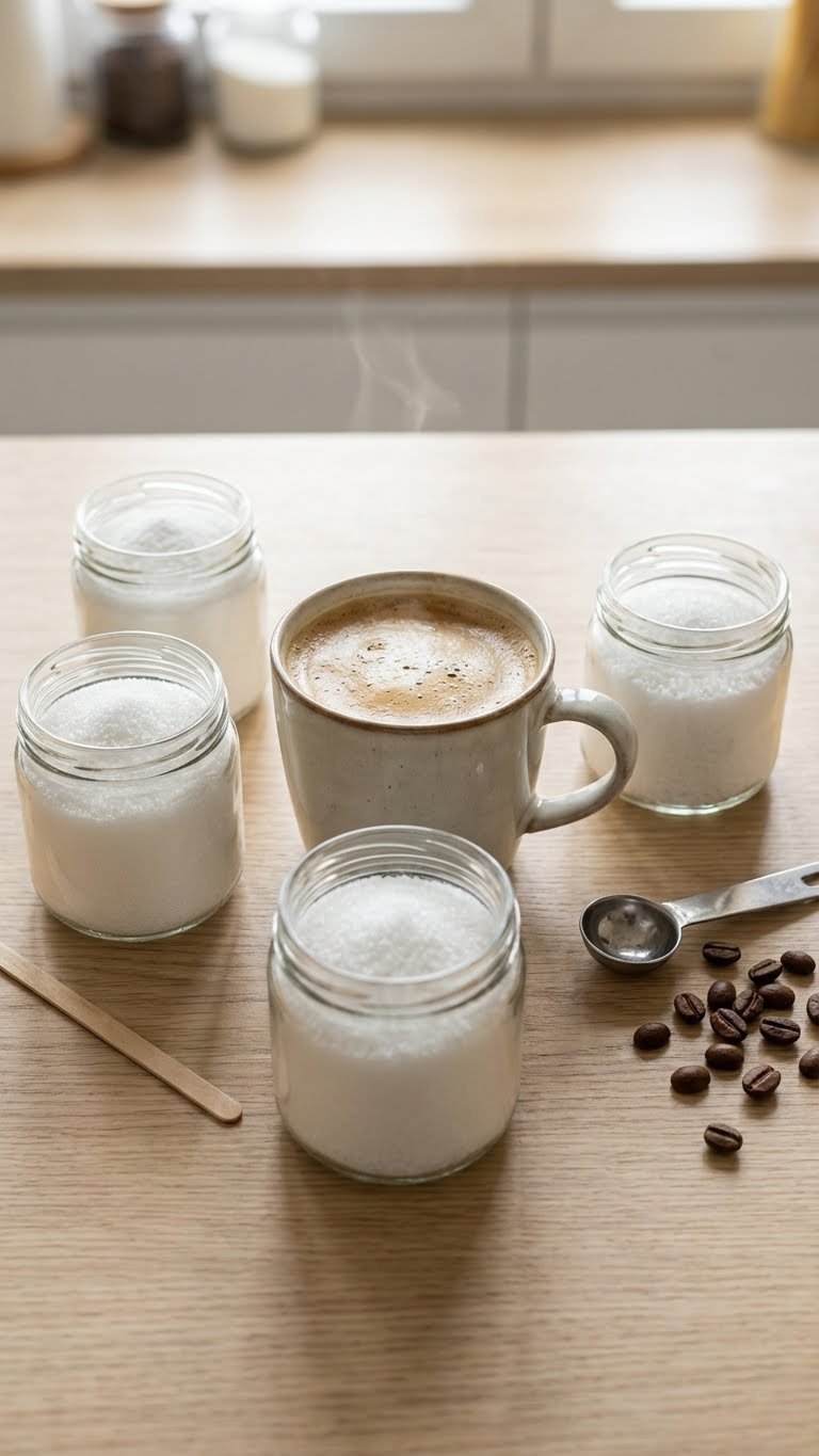 Sugar Free Protein Coffee: Ultimate Guide to Recipes & Brands 11 Elegant jars of sugar substitutes like stevia and erythritol next to a steaming cup of sugar-free protein coffee.