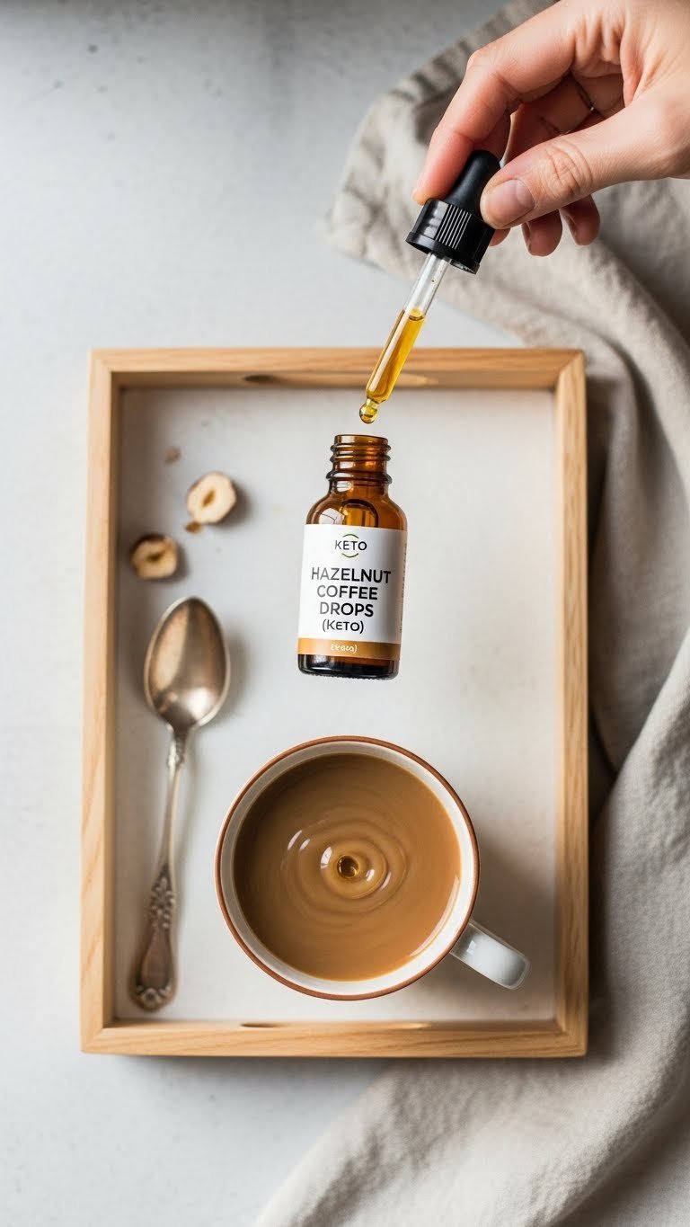 Elegant keto hazelnut coffee drops bottle with golden liquid droplet falling into coffee cup creating ripple effect