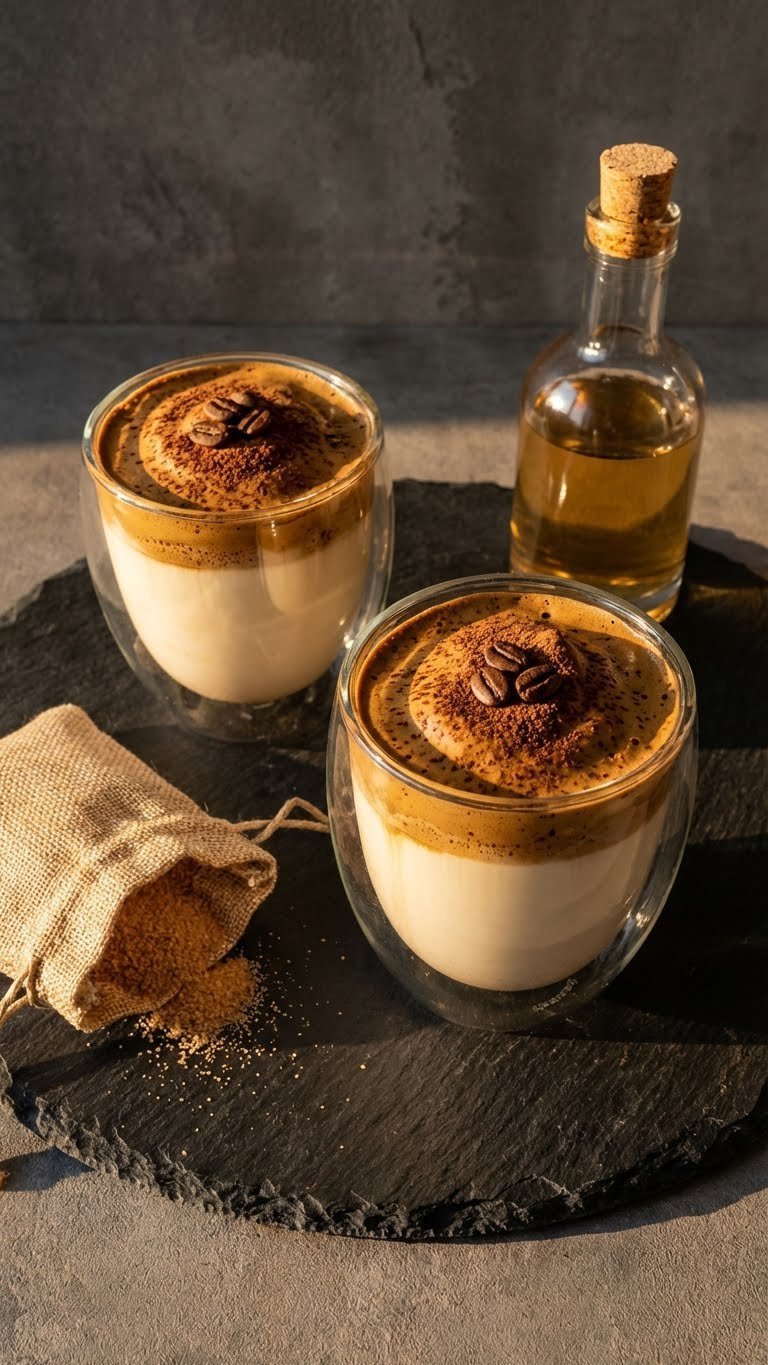 Elegant keto vanilla whipped coffee in sophisticated glass tumbler with dark foam over almond milk on dark slate surface