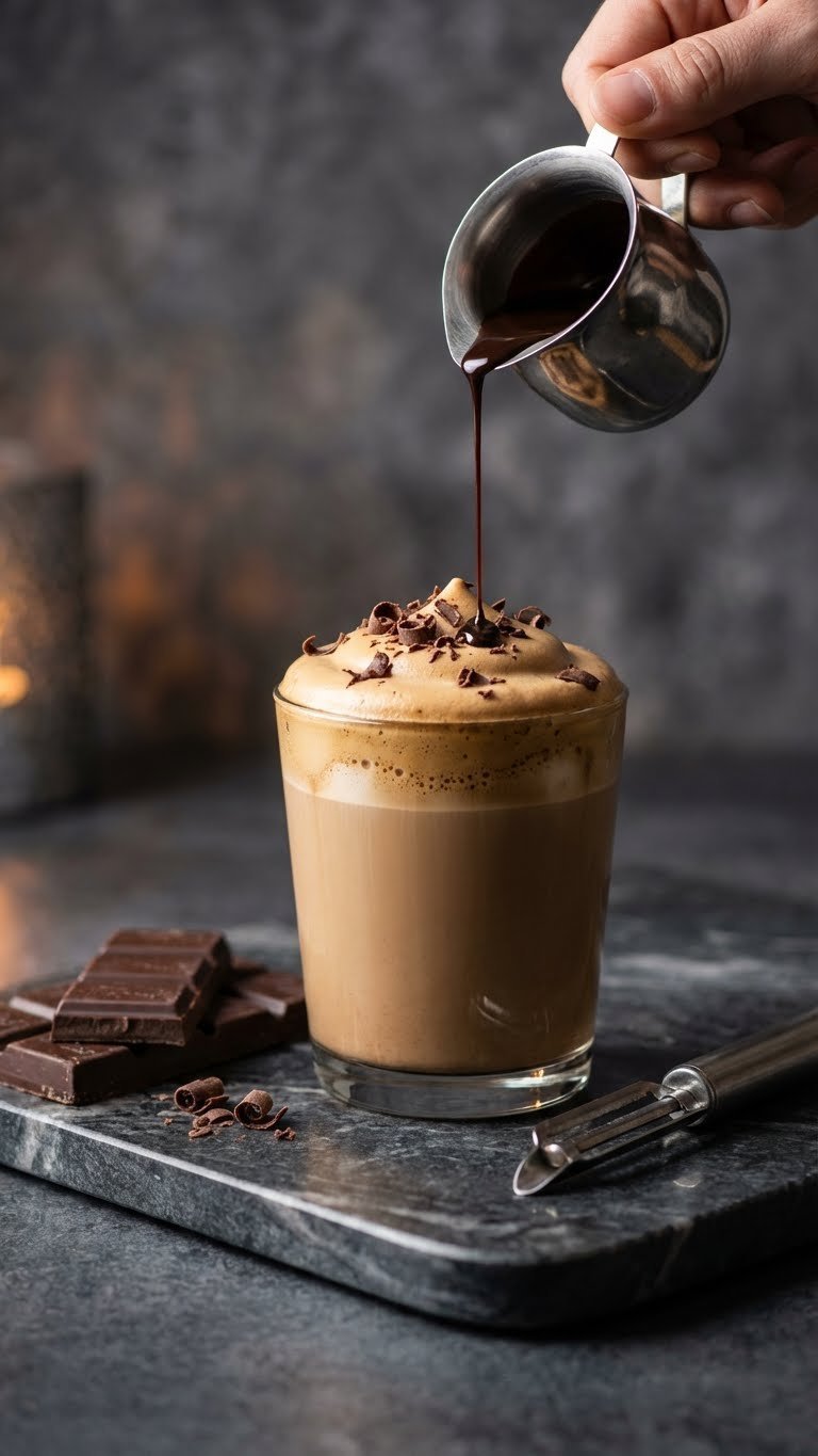 Elegant mocha whipped coffee being garnished with chocolate syrup drizzle and shavings on polished stone