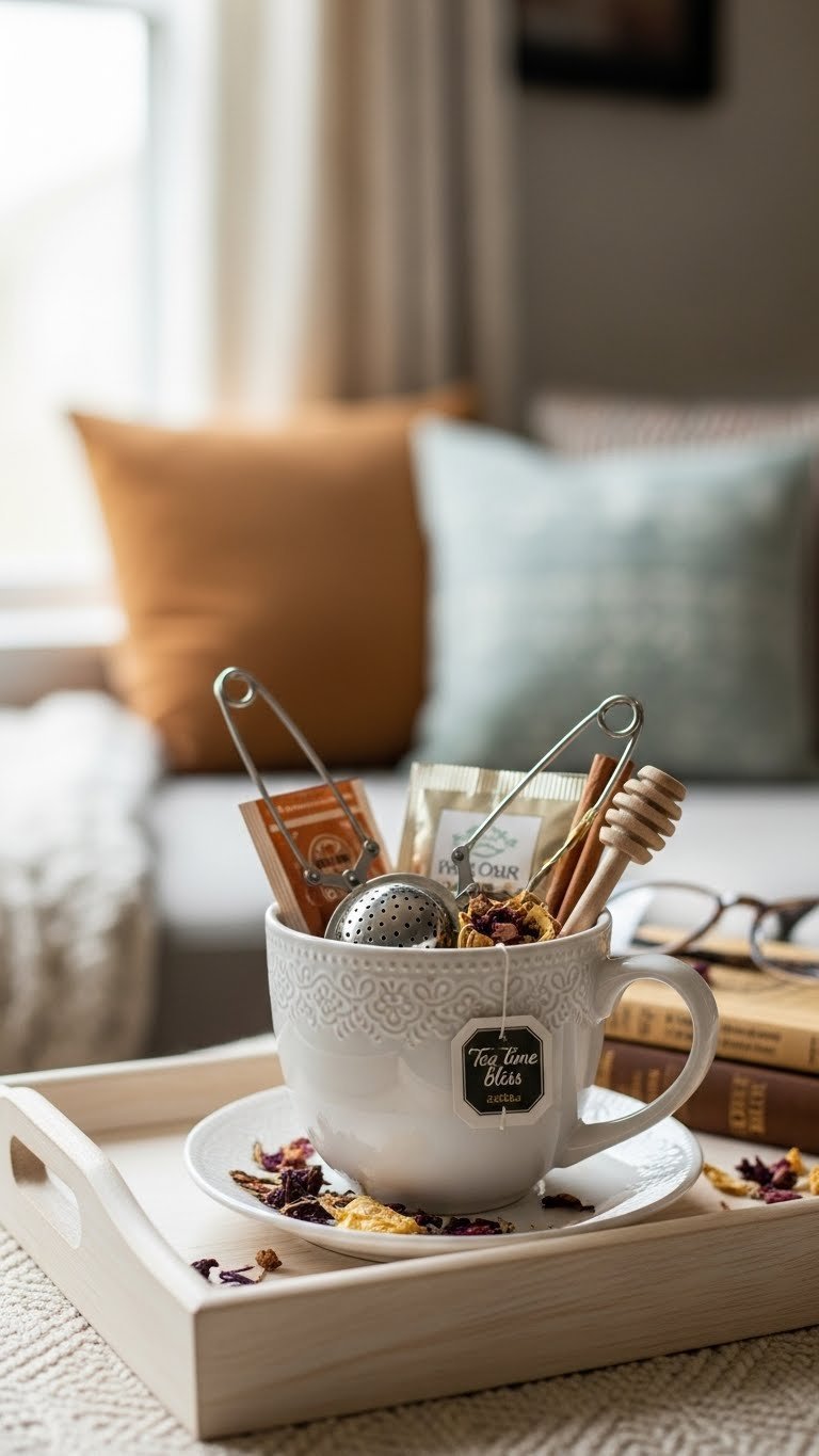Elegant porcelain coffee mug filled with specialty tea bags, decorative infuser, and honey sticks on wooden tray tea lover gift