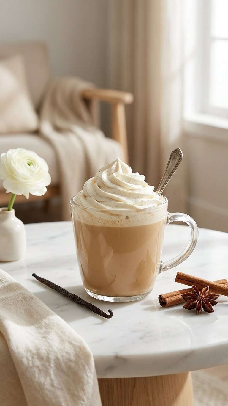 Elegant spiced vanilla chai latte with vanilla whipped cream and vanilla bean flecks on a polished marble surface.
