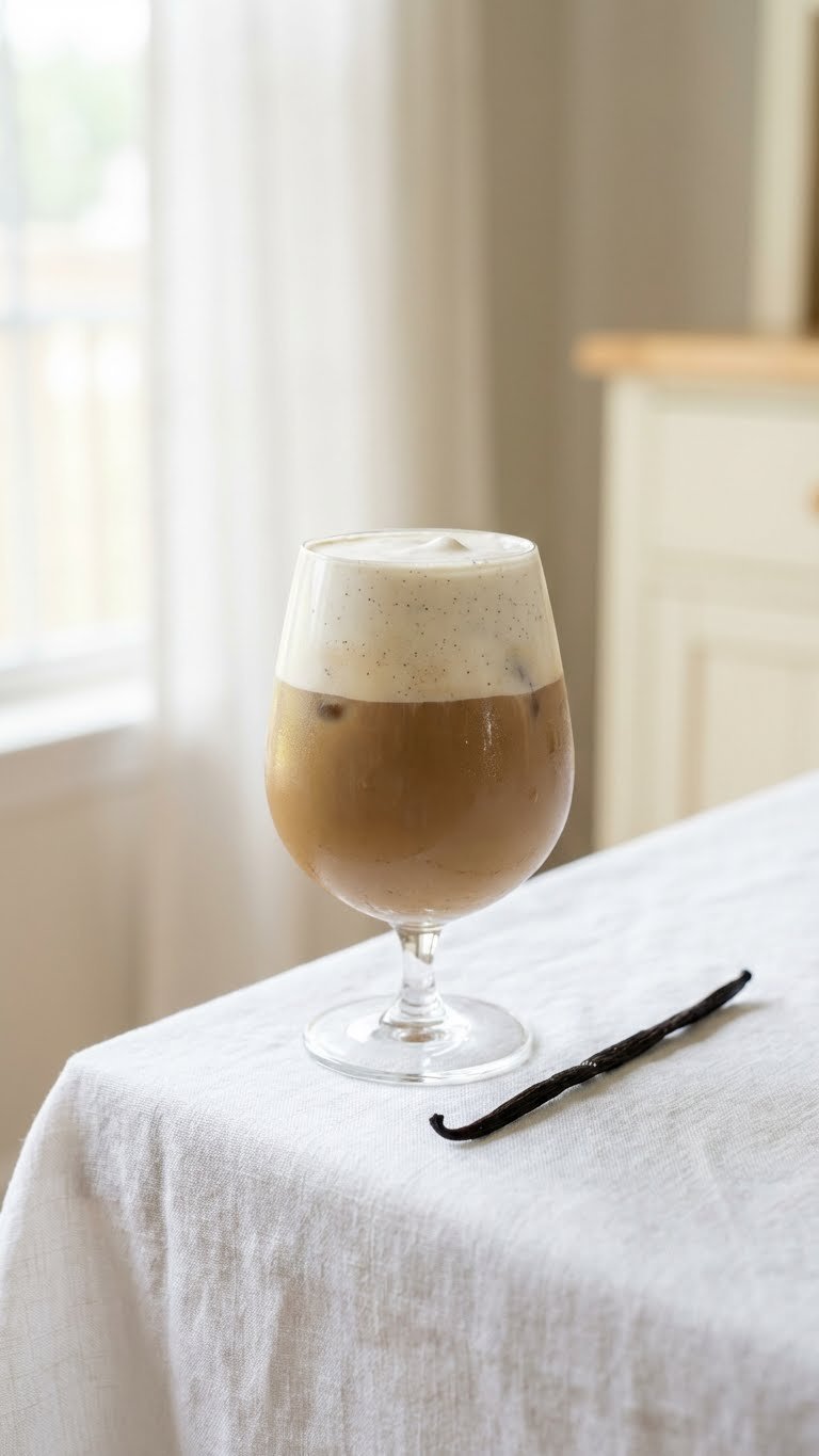 Healthy Whipped Coffee Recipe Complete Sugar Free Guide 11 Elegant vanilla bean whipped coffee with speckled foam in delicate glass on white linen tablecloth