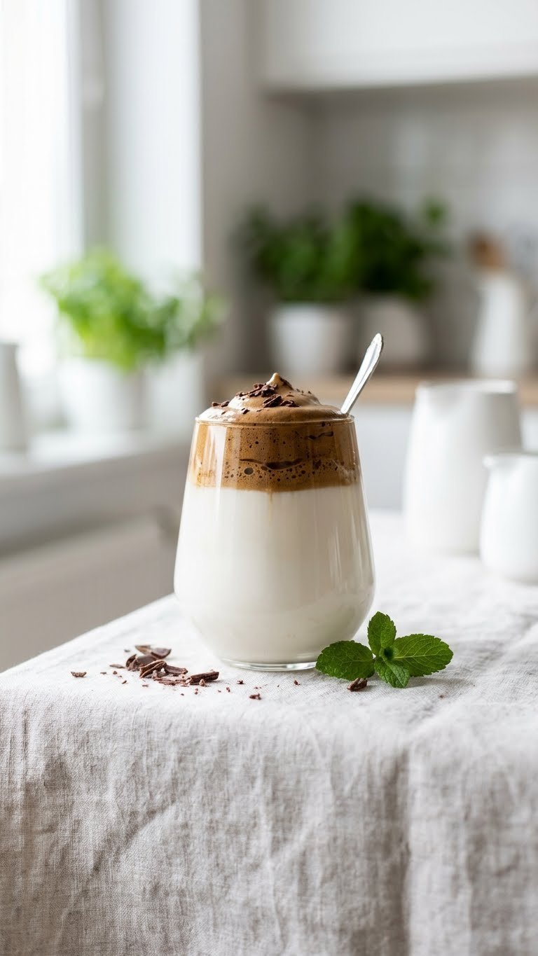 Mushroom Whipped Coffee: Ultimate Recipe for Focus & Energy 5 Elegant vegan mushroom whipped coffee layered with oat milk in a chic glass with chocolate shavings on a linen tablecloth.