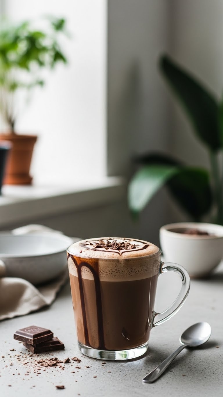 Protein Coffee Mocha: 5 Delicious Recipes for Busy Mornings 5 Elegant vegan protein coffee mocha in a stylish glass with plant-based froth, shaved chocolate, and syrup, on a concrete surface.
